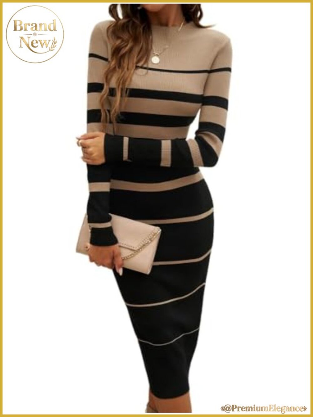 Viscose Striped Long Sleeve Crew Neck Bodycon Midi Ribbed Knit Slim Fit Sweater